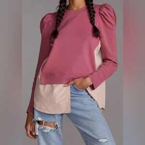 Anthropologie Maeve Layered Tunic Sweatshirt Puff Sleeve pink layered stripes S
